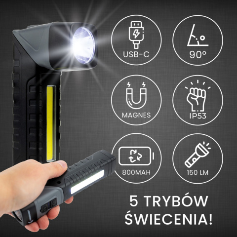 Latarka LED z obrotową głowicą 90st typC Praktyczna Latarka LED z obrotową głowicą 90st typC Praktyczna
