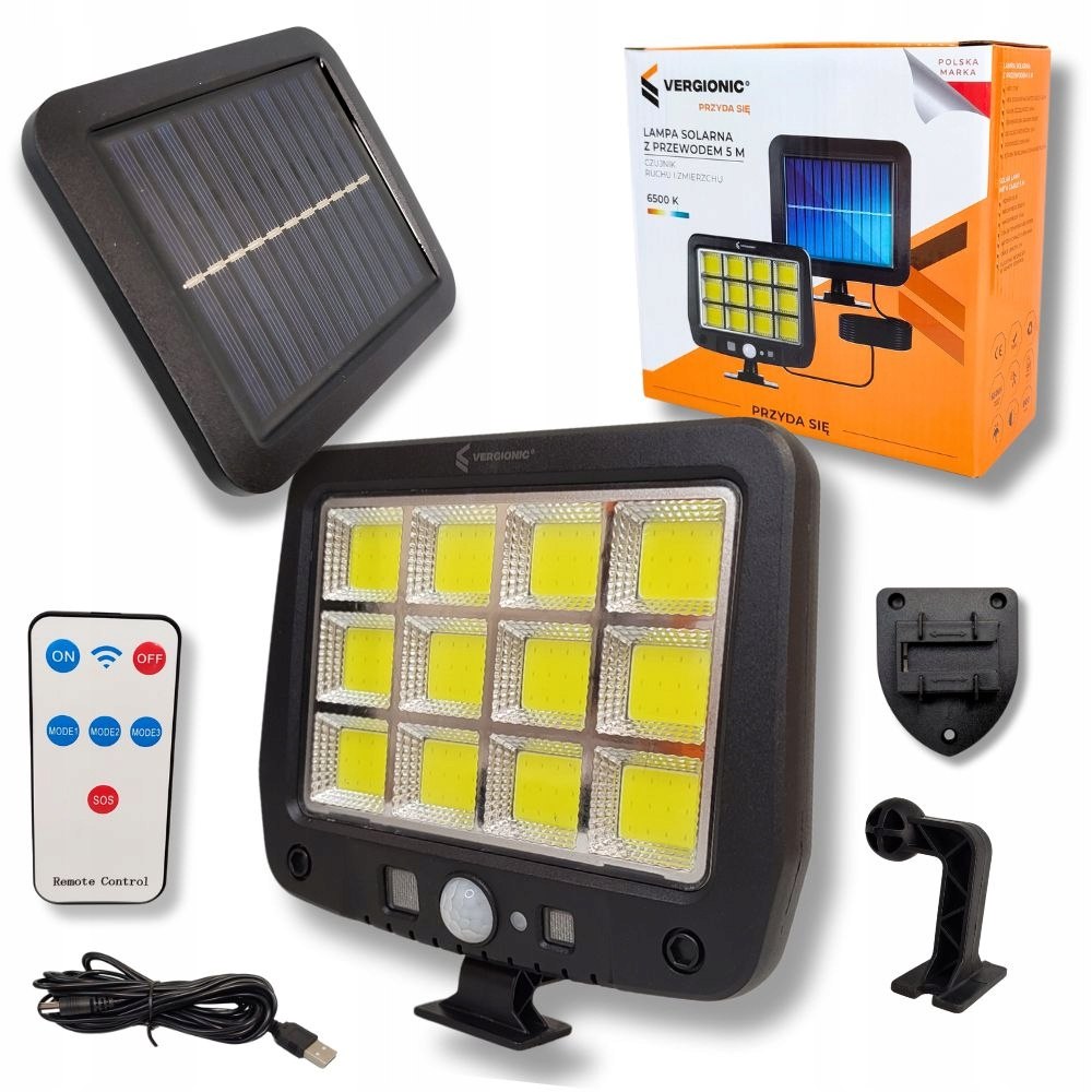 Lampa solarna LED COB 300lm 15W + czujnik ruchu/zmierzchu ogrodowa IP44
